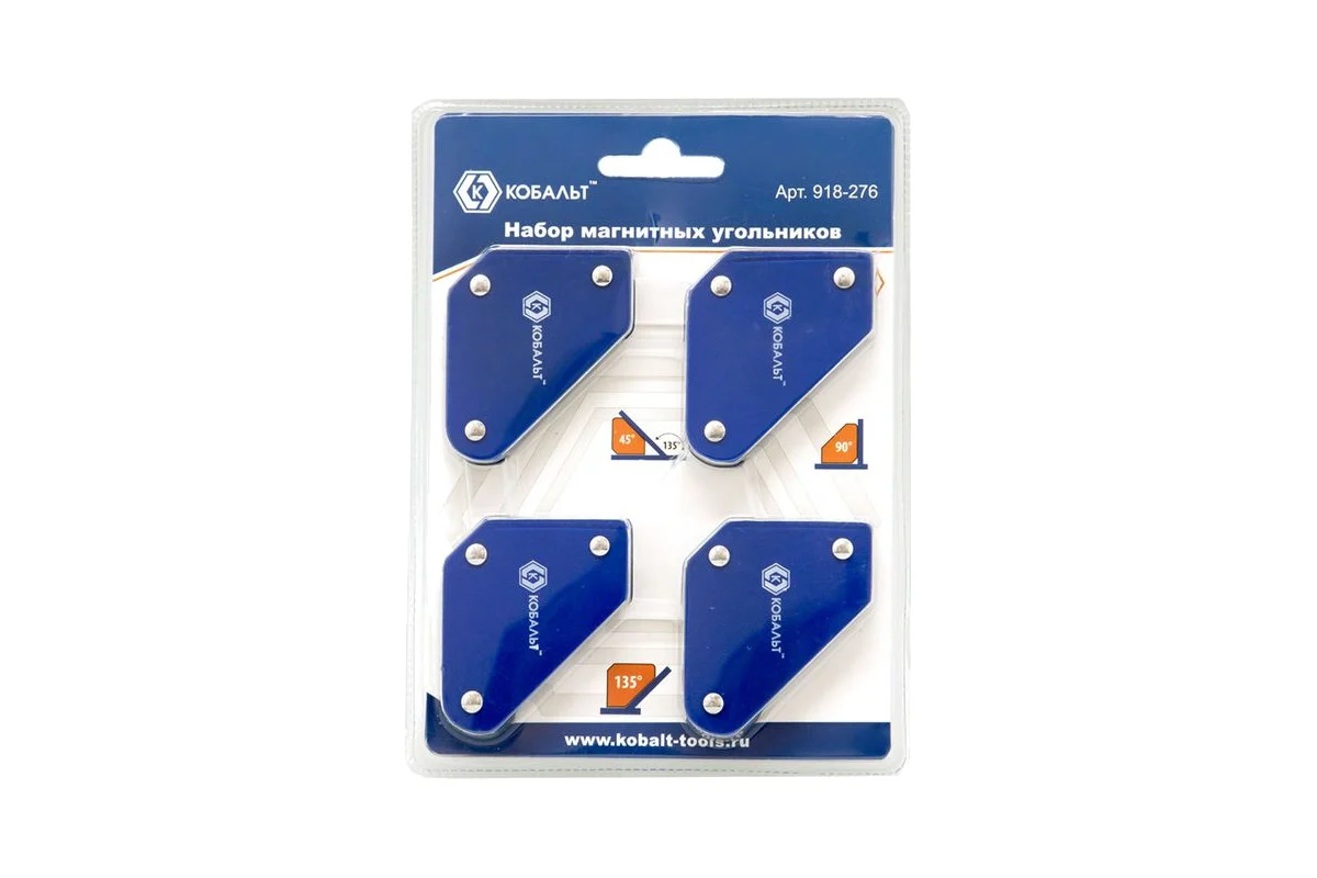 Угольник магнитный КОБАЛЬТ 58 х 50 мм, на 3 угла: 45, 90, 135 градусов, магнит до 4 кг, 4 шт./компл.