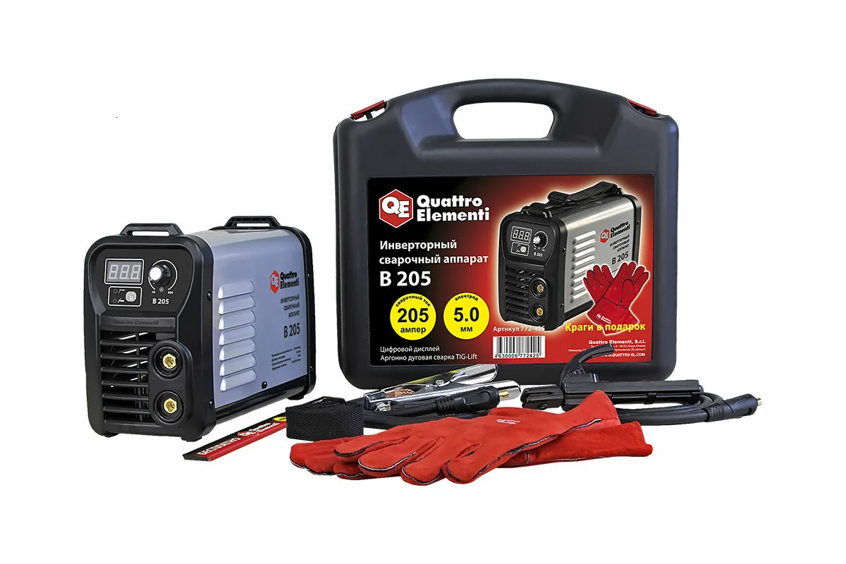 Аппарат электродной сварки, инвертор QUATTRO ELEMENTI B 205 (205 А, ПВ 80%, до 5.0 мм, 5.3 кг, Диспл