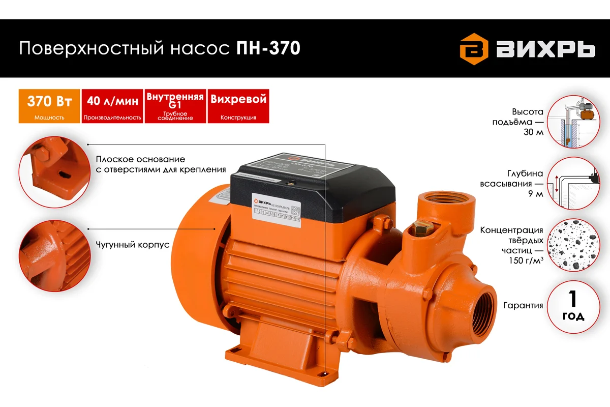 Поверхностный насос ПН-370 Вихрь, 370Вт, гл. всас. 9м, H 30м, 45 л/мин