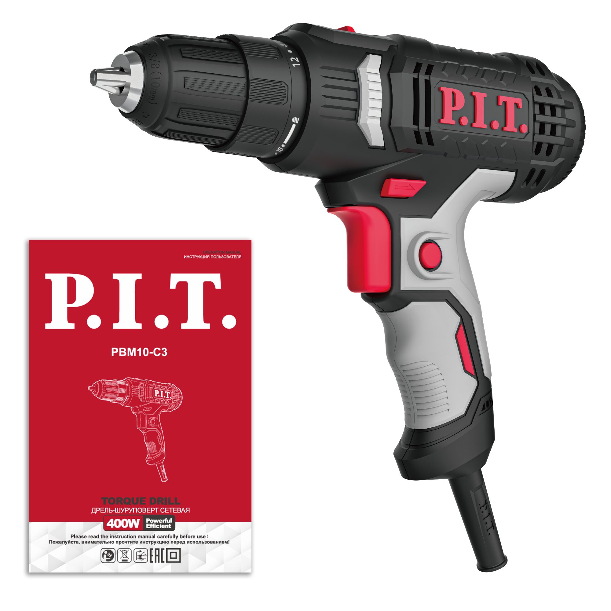 Дрель-шуруповерт электрич. P.I.T. PBM10-C3 (400Вт, 35Нм, рег.18+1, БЗП 10мм, 2ск, 0-550/1850об/мин