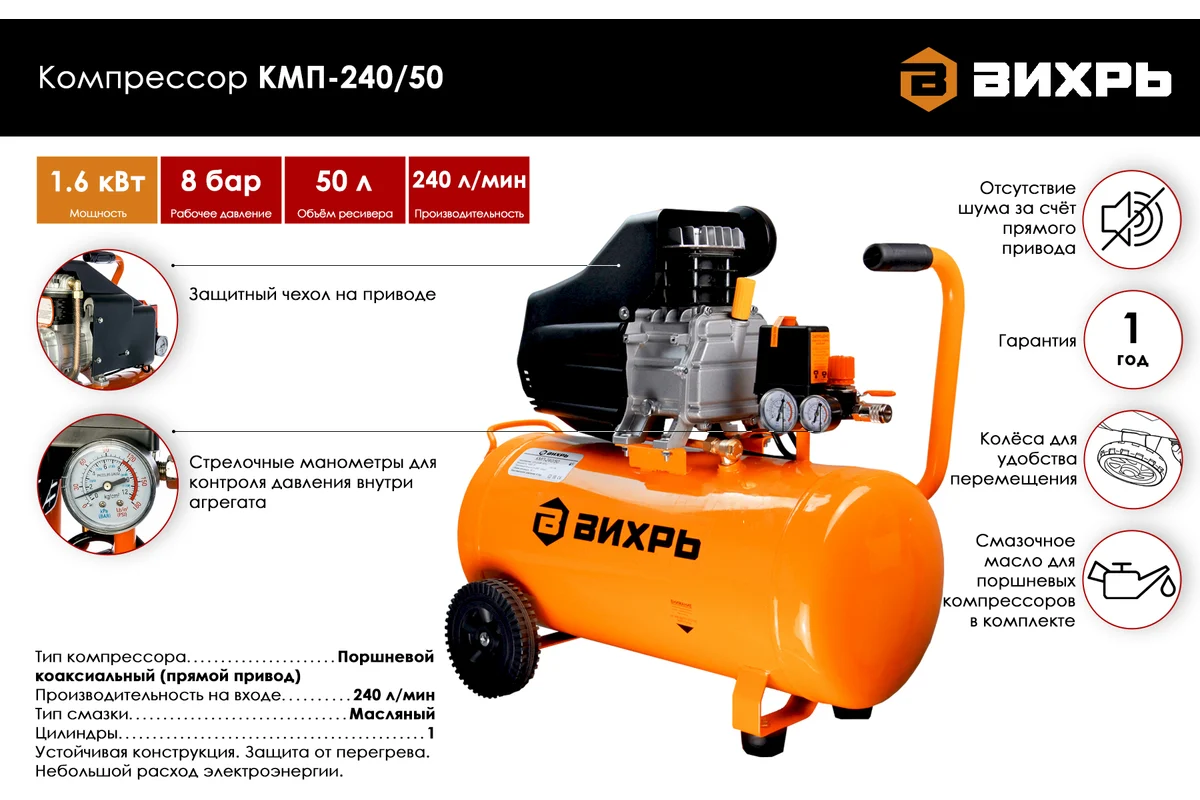 Компрессор Вихрь КМП-240/50, 220В, 240л/мин,1600Вт масляный