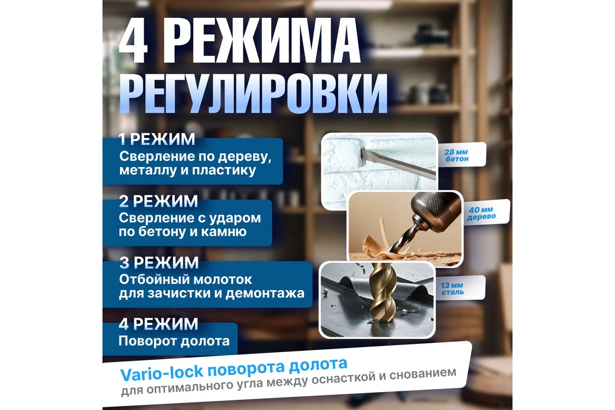 Перфоратор BULL BH 2802 в чем. 850 Вт, 3.2 Дж, 28 мм, 4 реж. + 2 зубила, 3 сверла, БЗП в комплекте