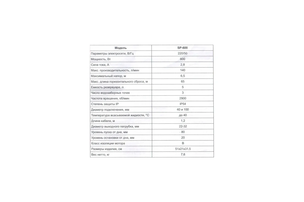 Насос канализационный STI SP-600, 220В,600Вт, 140л/мин, напор 6,5м,г/а 5л