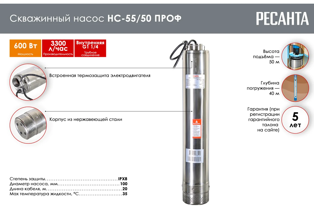 Скважинный насос НС-55/50 ПРОФ 600Вт,55л/мин,кабель 50м //  Ресанта 