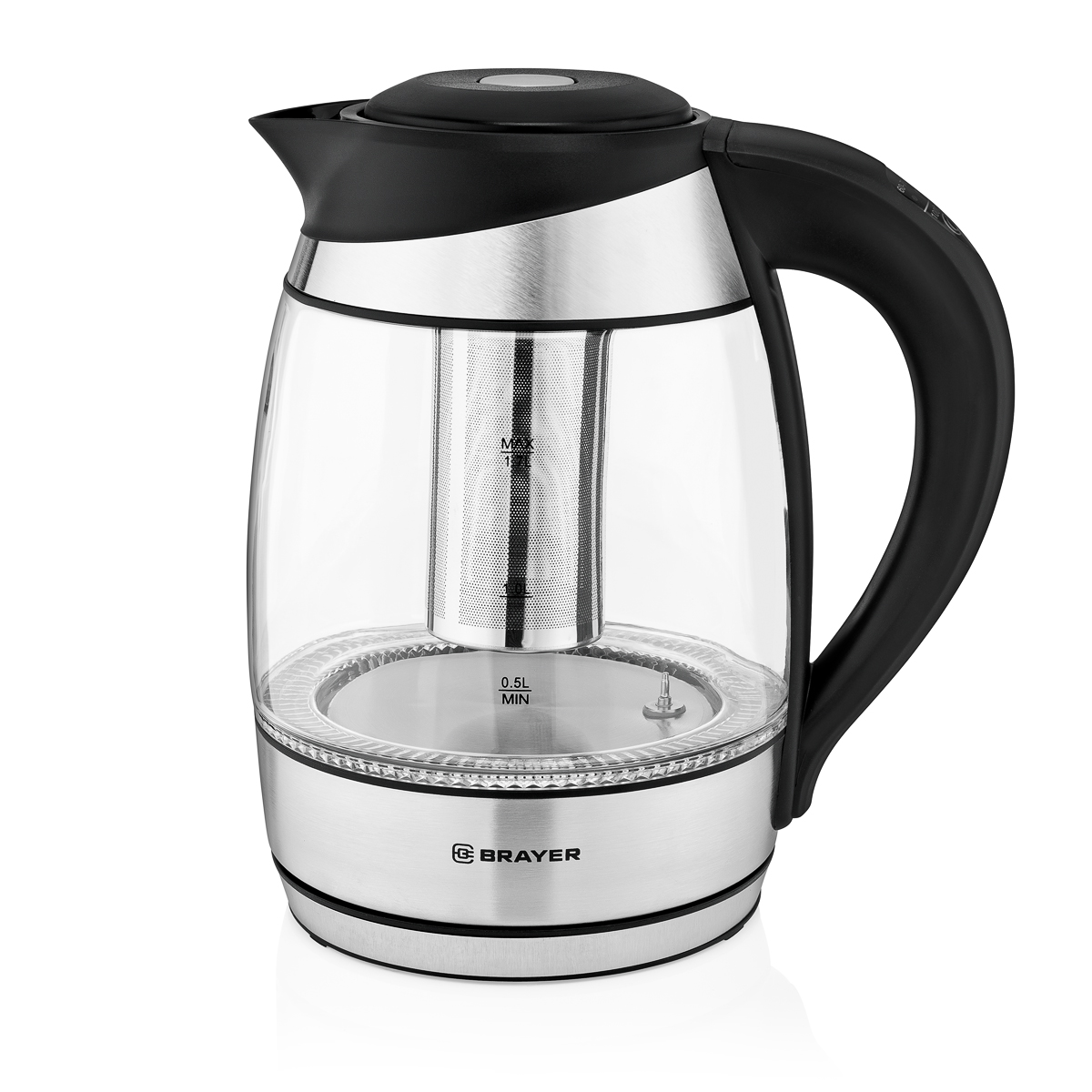 1021BR Чайник электрический BRAYER. 2200Вт.1,7 л, стекло, эл.уп, 60-100 °С, Под. t, подсветка, черн.