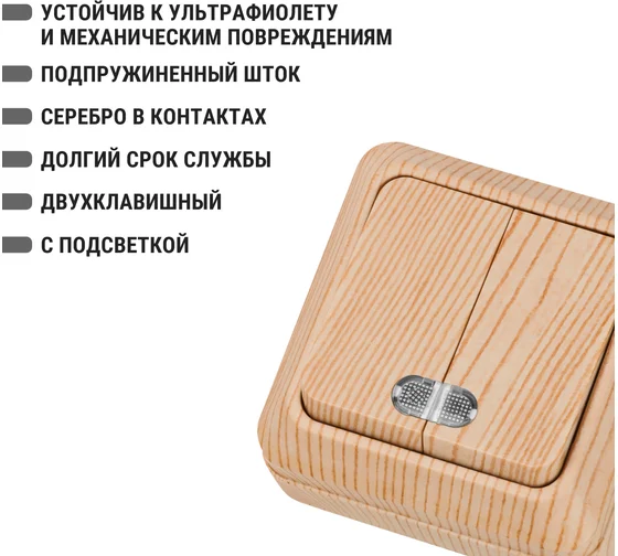 Выключатель 2-кл. открытой установки с подсветкой IP20 10А, сосна "Ладога" TDM*