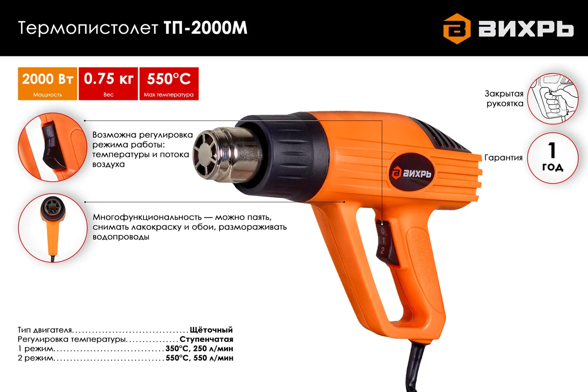 Термопистолет ТП-2000М Вихрь, 2 кВт, 350/550 С, 2х-реж.,0,8 кг