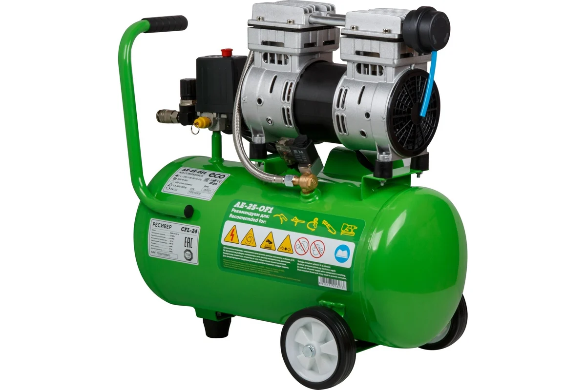 Компрессор ECO AE-25-OF1 безмасляный(140 л/мин,8 атм,коаксиальный ресив. 24 л, 220 В, 0,8 кВт) 