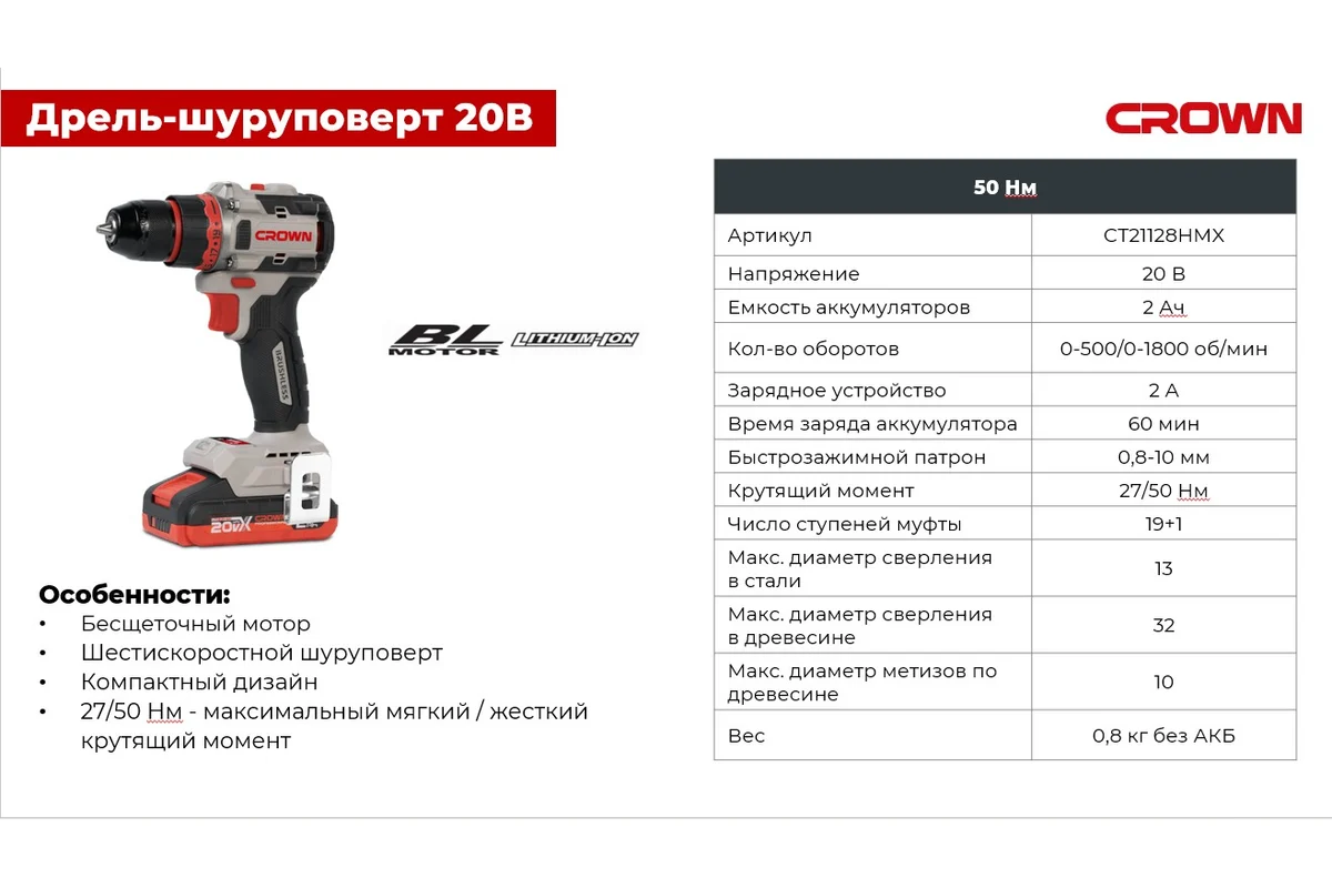 Аккумуляторная дрель-шуруповерт BL CROWN CT21128HMX-2 BMC 20В, 2*2.0Ач, 30/50Нм, кейс